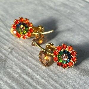 Vintage Flower Clip Earrings Watermelon Heliotrope Floral AB Rivioli Rhinestone